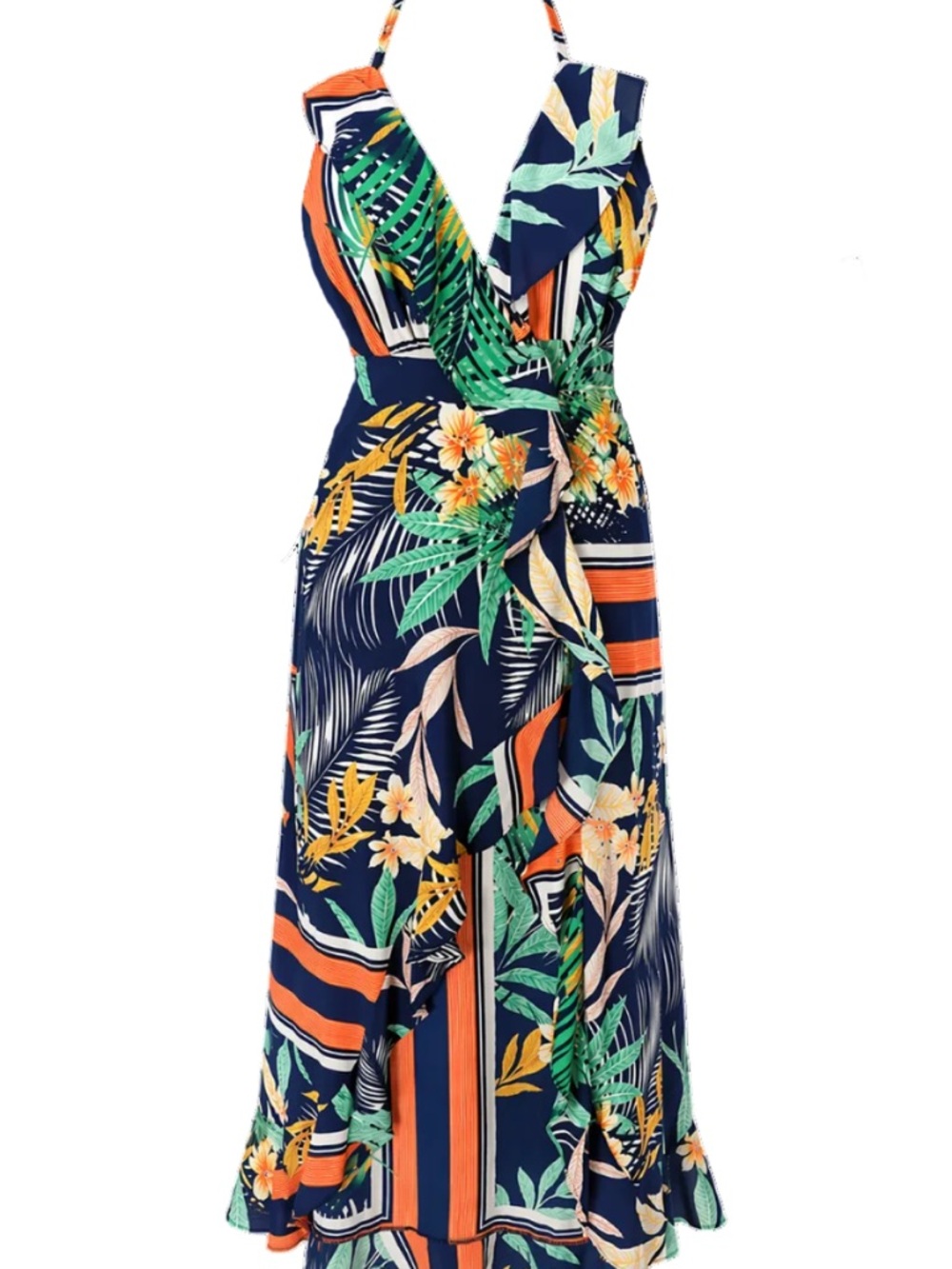 NWOT Aakaa Navy Tropical Maxi Dress with Orange & Green Accents